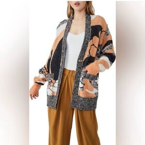 Free People Orange and Black Floral Cardigan